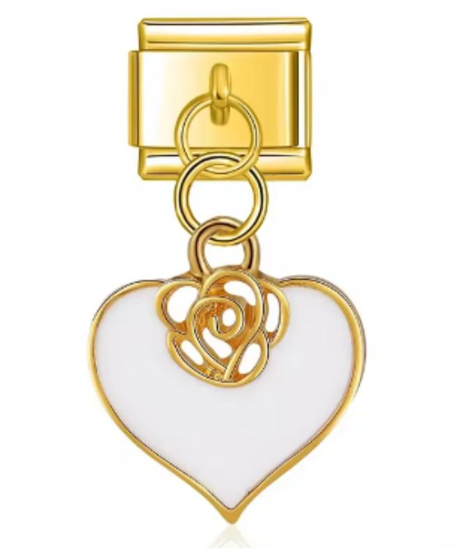 Italiano Dorado Corazón Con Rosa Blanco