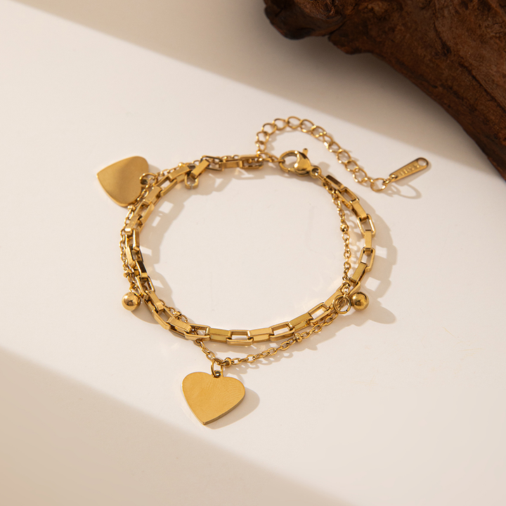 Brazalete Dorado Eslabones Cuadrados & Corazones Lisos