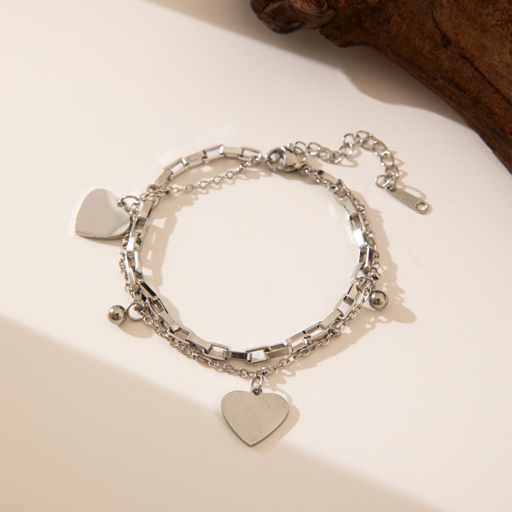 Brazalete Eslabones Cuadrados & Corazones Lisos