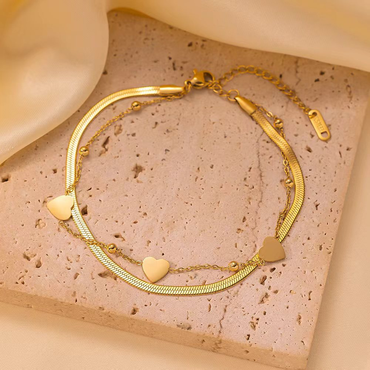 Brazalete Doble Cadena Serpiente & Cadena de Corazones